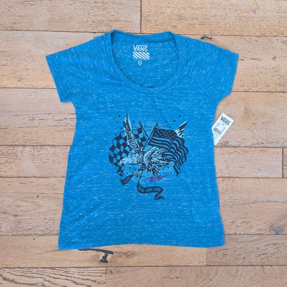 NWT Vintage Vans Blue Babydoll Eagle Flag cutout graphic tee skatergirl